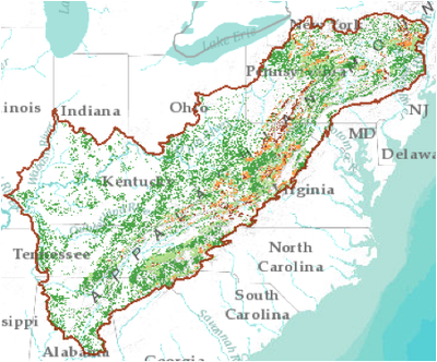 Mapping tool displays intersection between high probability energy development and forest cover.