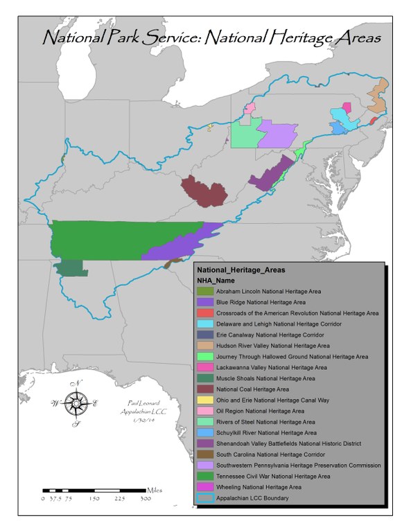 Map depicting all the National Heritage Areas within the Appalachian LCC boundary.
