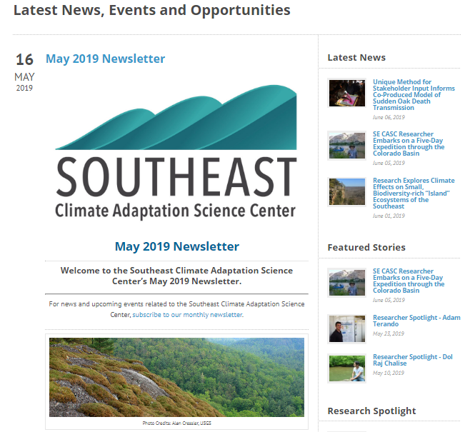 Southeast Climate Adaptation Science Center May 2019 Newsletter