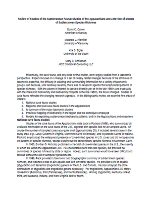 Review of Subterranean Faunal Studies of the Appalachians and Models of Subterranean Species Richness PDF